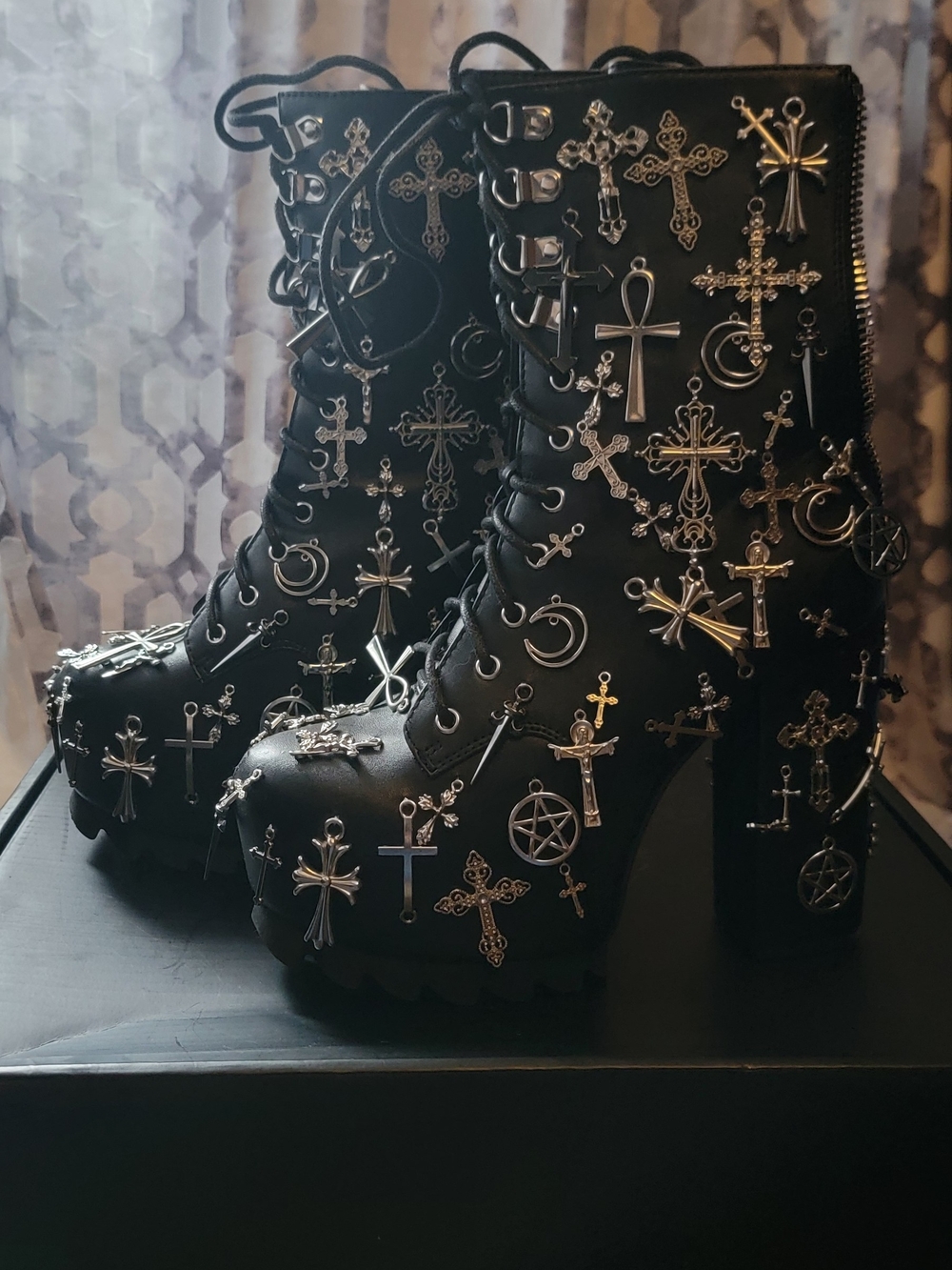 Black Gothic Platform Lace-Up Boots with Silver Cross Charms